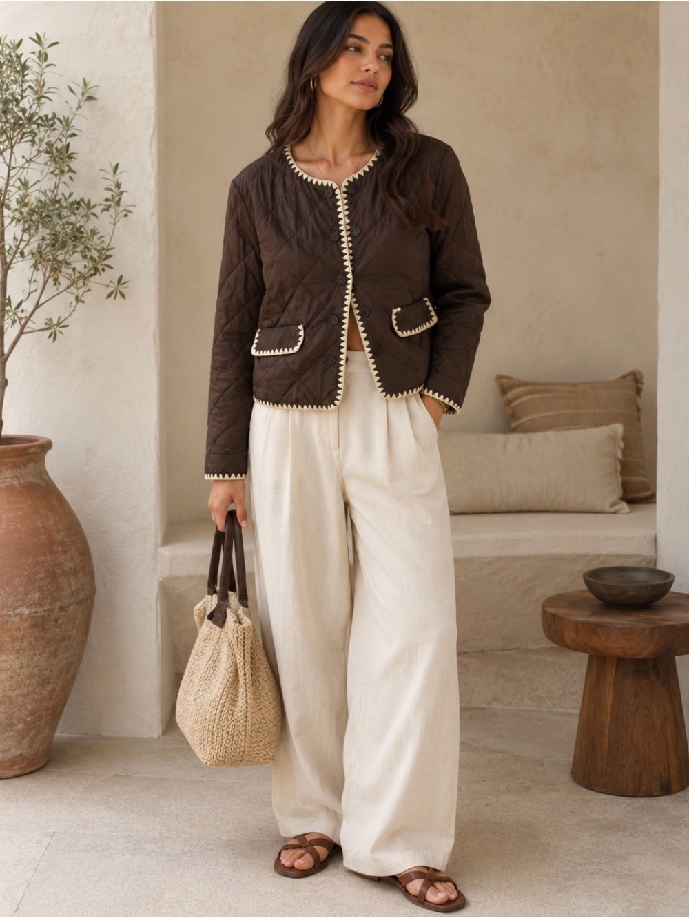 Quilted Brown Women's Jacket with Contrast Trim